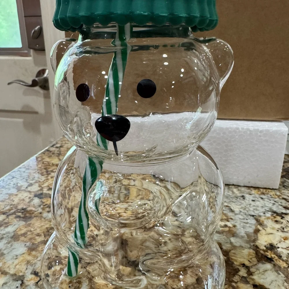 Glass Bear Drink Jar with Green Lid and Striped Straw
